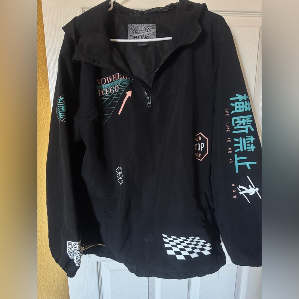 Men’s Brooklyn Black Graphic Windbreaker Jacket with Teal & Pink Accents - Picture 1 of 9